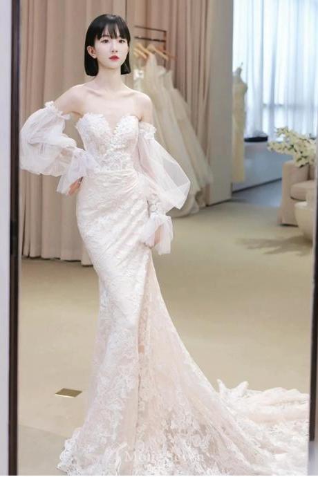 Tulle Wedding Dress, Bridal Princess Dress, Off-shoulder Wedding Dress, Temperament Slim Mermaid Dress,handmade