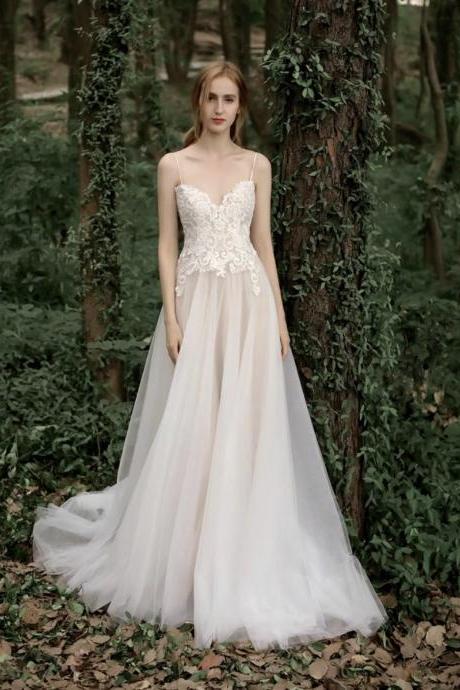 Light Wedding Dress, White Simple Wedding Dress, Tulle Train Bridal Dress ,handmade