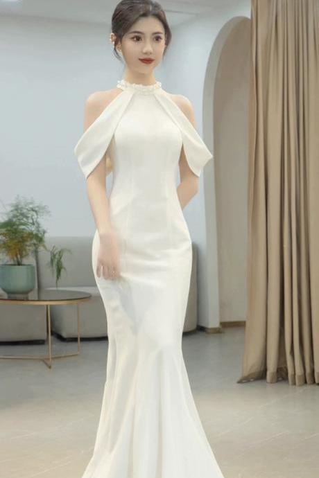 Halter Neck Bridal Dress,satin Wedding Dress,simple Wedding Dress,white Mermaid Bridal Dress,handmade