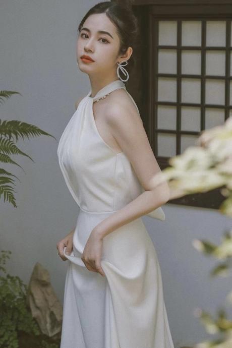 Halter Neck Evening Dress,white Prom Dress, Satin Wedding Dress,handmade