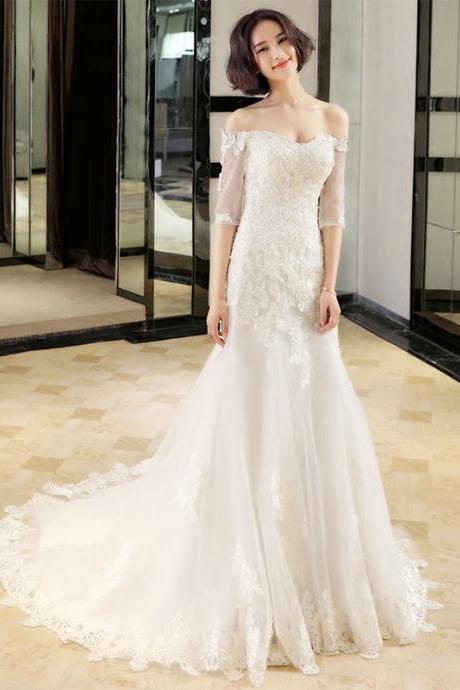 Off Shoulder Bridal Dress,lace Wedding Dress,mid-sleeve White Bridal Dress,handmade