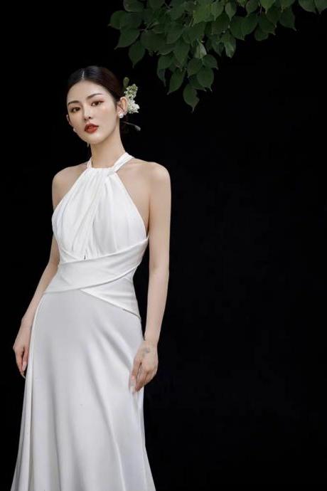 Halter Neck Evening Dress,white Prom Dress, Satin Wedding Dress,handmade