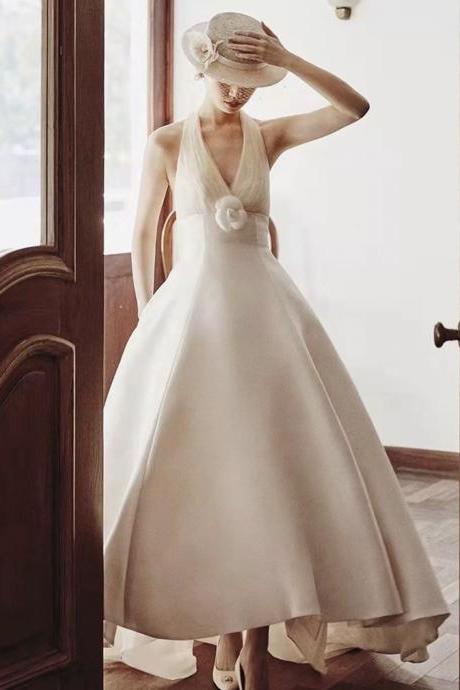 Halter Neck Evening Dress,white Prom Dress, Satin Wedding Dress,backless Bridal Dress,handmade