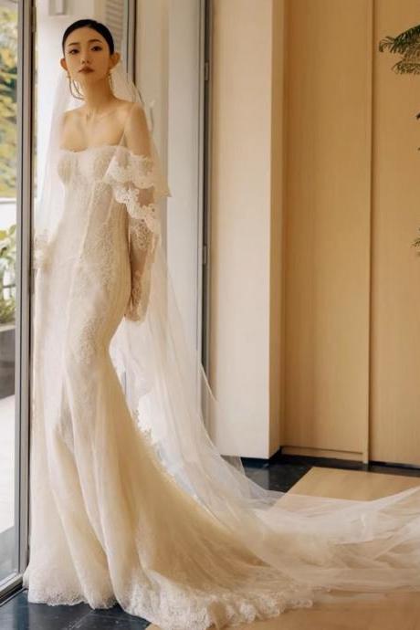 Long-sleeve Bridal Dress, Luxury Off Shoulder Wedding Dress,lace Light Wedding Dress, Vintage Mermaid Evening Dress,handmade