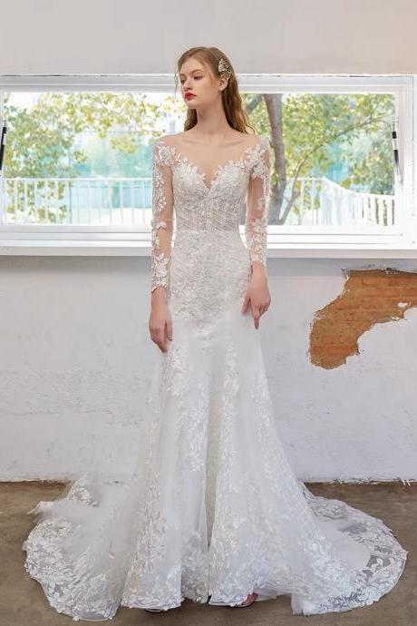 V-neck Bridal Dress, Luxury Wedding Dress Bridal Dress, Long Sleeve Wedding Dress,handmade