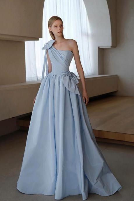 One Shoulder Evening Dress,blue Prom Dress, Satin Wedding Dress,fashion Bridal Dress,handmade