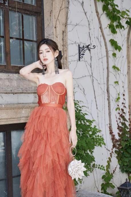 Stylish Party Dress, Tomato-colored Puffy Skirt + Cut-out Strapless Top ,two Piece Prom Dress ,handmade