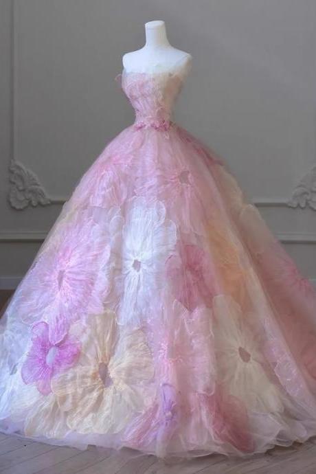Pink Prom Dress, Floral Princess Dress, Strapless Wedding Dress, Luxury Ball Gown Dress,handmade