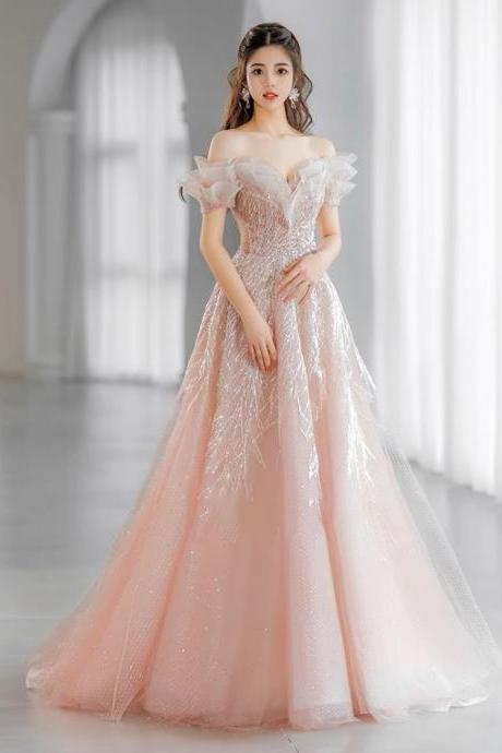 Dreamy Pink Evening Dress, Princess Prom Dress, ,off Shoulder Party Dress, Light Luxury Bridal Dress,,handmade