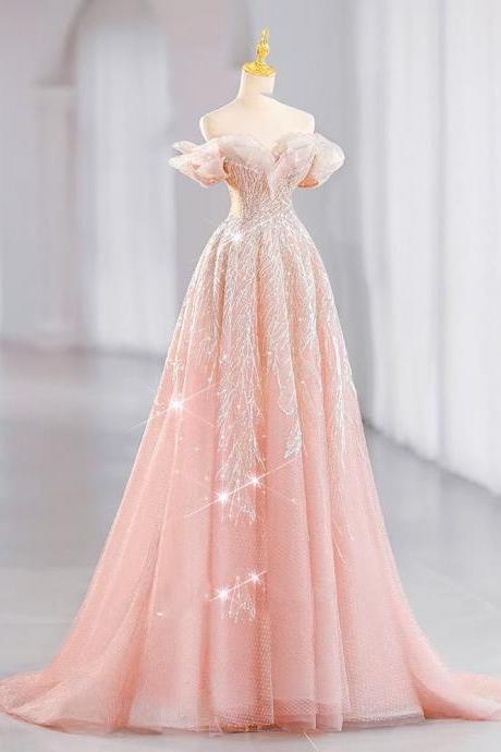 Fairy Pink Evening Dress, Princess Prom Dress, ,off Shoulder Party Dress, Light Luxury Bridal Dress,,handmade