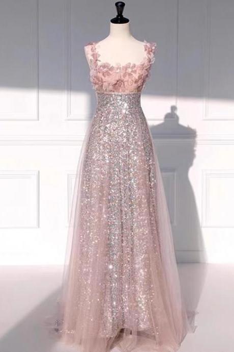 Pink Party Dress,fairy Evening Dress, Spaghetti Strap Bridal Dress, Advanced Sense Light Luxury Banquet Glitter Dress,handmade