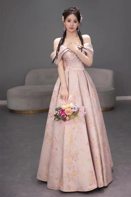 Jacquard Evening Dress , Senior Sense Long Pink Dress, Off Shoulder Pink Dress,,handmade