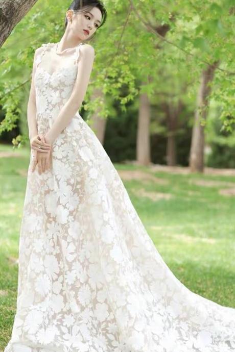 Pretty Wedding Bridal Dress, Fairy Flower Halter Wedding Dress, Temperament Socialite Evening Dress,lace Dress,handmade