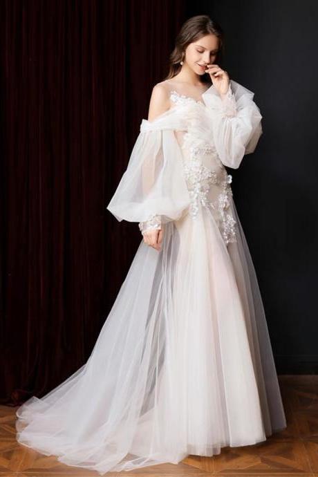 Puff Sleeve Wedding Dress, White Bridal Dress，fairy Wedding Dress,handmade