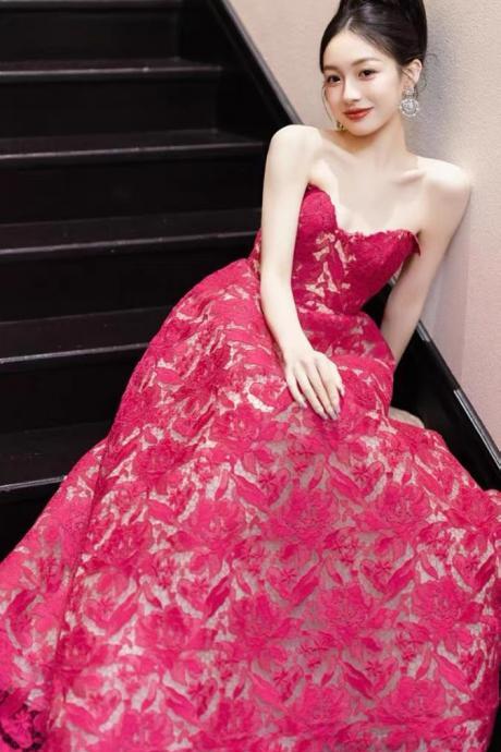 , Stylish Party Dress, Rose Red Homecoming Dress,strapless Prom Dress,lace Midi Dress ,handmade