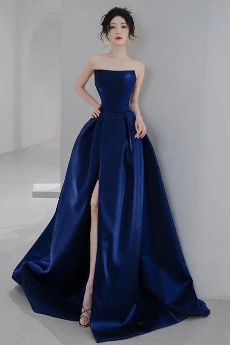 , Stylish Party Dress, Strapless Prom Dress,satin Evening Dress,royal Blue Slit Evening Dress,handmade