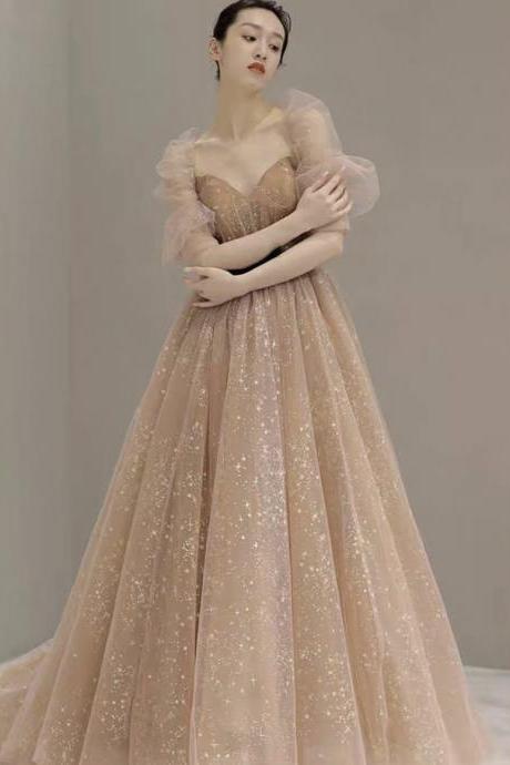 Off Shoulder Prom Dress, Fairy Evening Dress, , Champagne Evening Dress, Glitter Party Dress,handmade