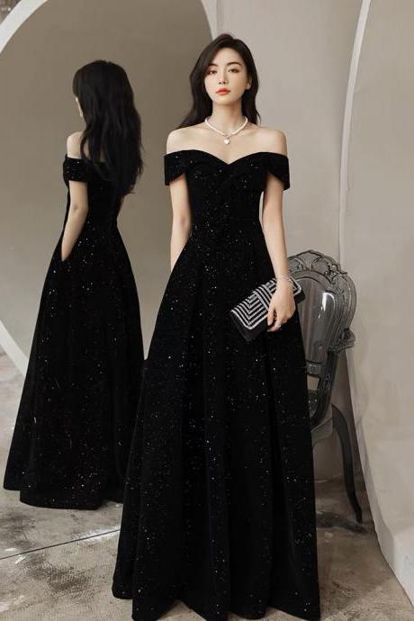 Off Shoulder Prom Dress, Black Evening Dress, Star Velvet Shiny Party Dress,handmade