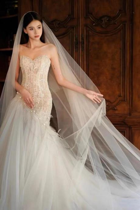 Bridal Mermaid Dress, Light Wedding Dress, Senior Sense Of Train Wedding Dres,strapless Wedding Dress,handmade