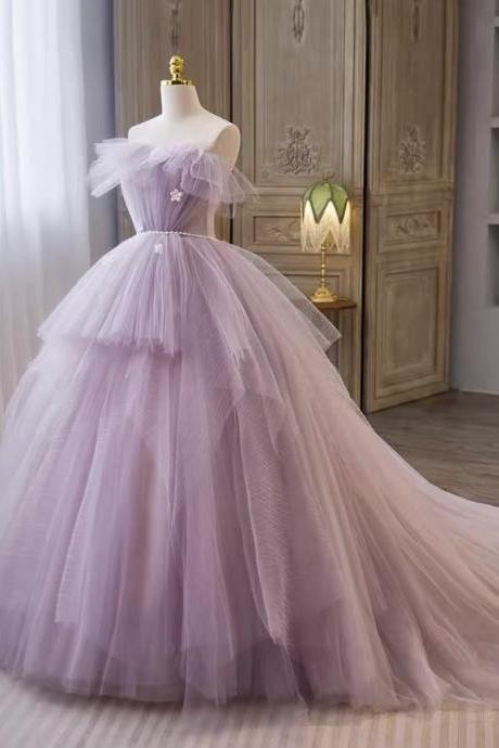 Purple Evening Dress, Fairy Ball Gown Dress, Dream Off-the-shoulder Wedding Dress,handmade