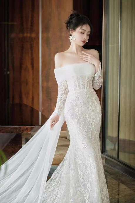 Off Shoulder Bridal Dress,white Wedding Dress,lace Bridal Dress,train Wedding Dress ,handmade