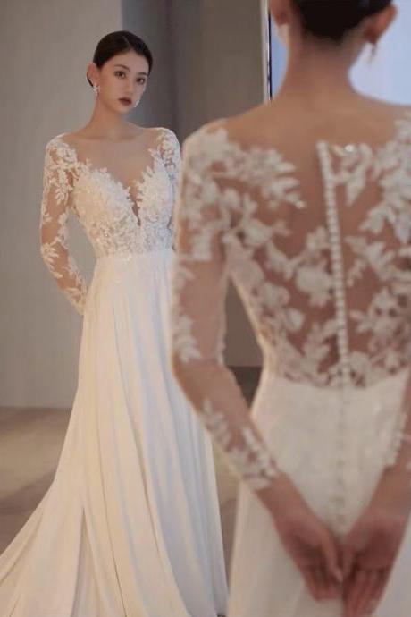 V-neck Bridal Dress, Luxury Wedding Dress Bridal Dress, Long Sleeve Wedding Dress,lace Bridal Dress,handmade