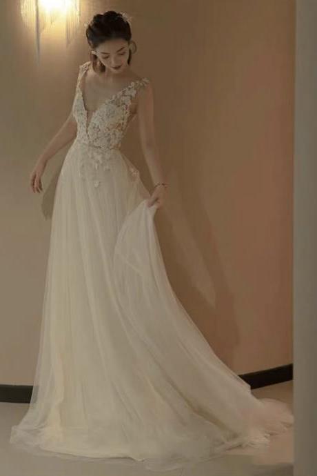 V-neck Bridal Dress, Luxury Wedding Dress Bridal Dress, Sexy Lwedding Dress,backless Bridal Dress,handmade