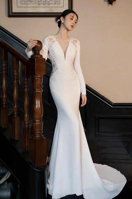 V-neck prom dress,satin evening dress,white wedding dress,long sleeve bodycon dress,handmade
