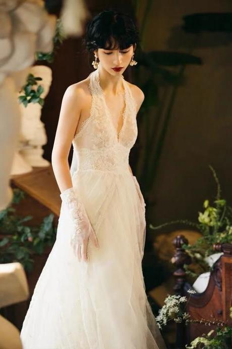 Halter Neck Prom Dress,lace Bridal Dress,chic Wedding Dress,sexy Outdoor Wedding Dress,handmade