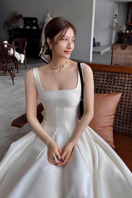 Spaghetti Strap Prom Dress,satin Evening Dress,white Wedding Dress,simple Midi Dress,handmade