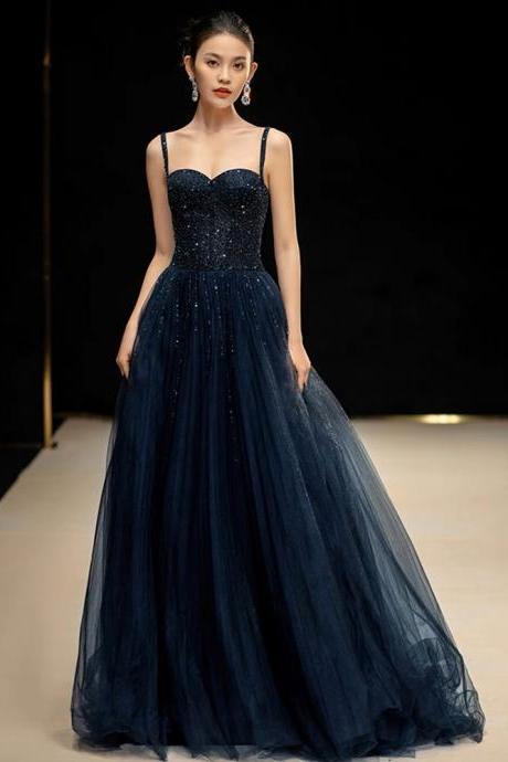 Luxury Party Dress, Spaghetti Strap Princess Dress， Shiny Graduation Dress, Navy Blue Bridal Dress,handmade