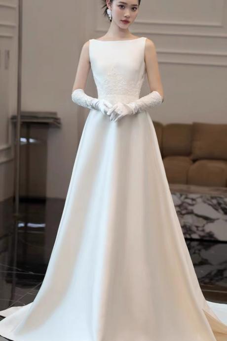 O-neck Prom Dress,satin Bridal Dress,white Wedding Dress,elegant Wedding Dress,handmade