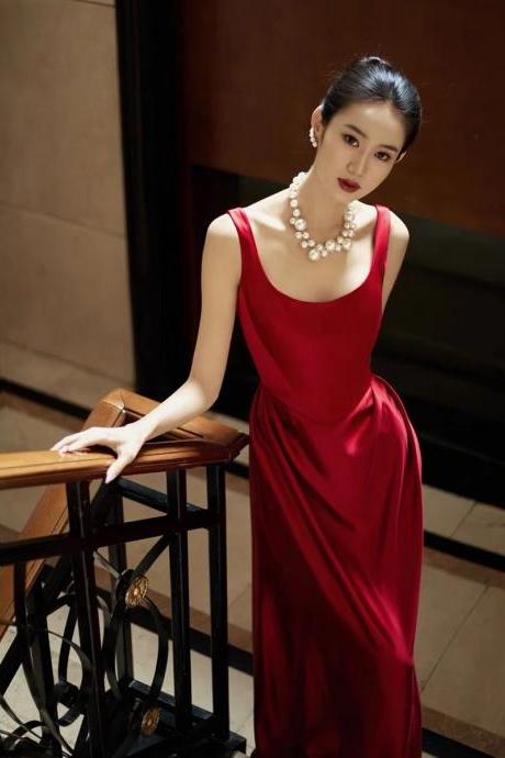 U-neck Prom Dress,chic Wedding Dress, Red Party Dress,luxury Bodycon Dress,satin Evening Dress,handmade