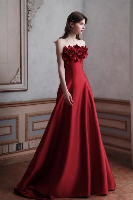 Off Shoulder Prom Dress,satin Evening Dress,red Wedding Dress,chic Bridal Dress,handmade