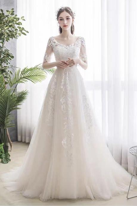 O-neck Prom Dress,tulle Bridal Dress,white Wedding Dress,elegant Long Sleeve Wedding Dress,handmade