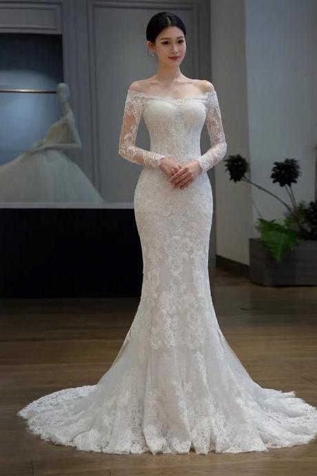 Off Shouder Wedding Dress,tulle Bridal Dress,white Wedding Dress,elegant Long Sleeve Wedding Dress,handmade