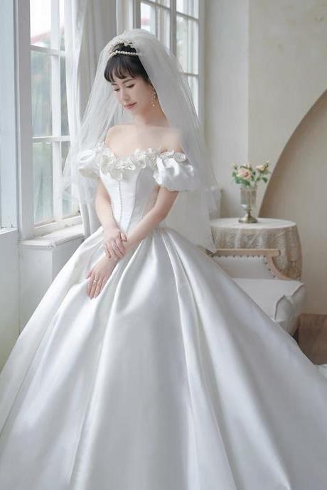 Luxury Wedding Dress, Square Collar High Quality Big Train Wedding Dress, Off Shoulder Bridal Dress,handmade