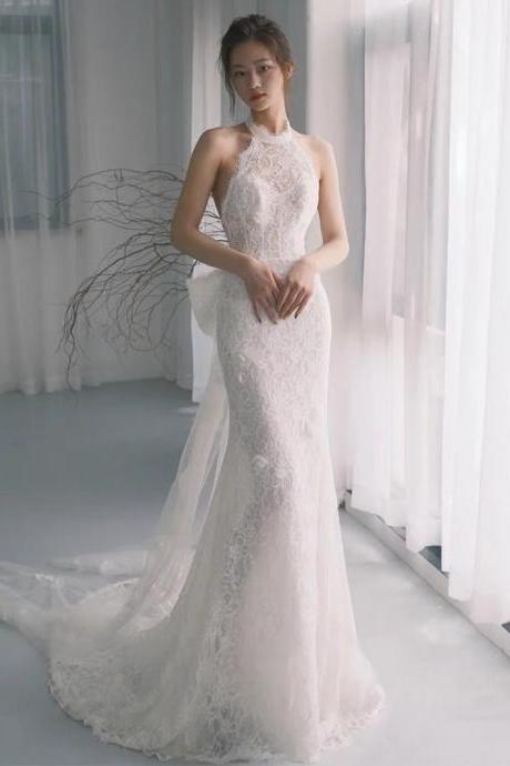 Halter Neck Wedding Dress,tulle Bridal Dress,white Wedding Dress,lace Wedding Dress,handmade