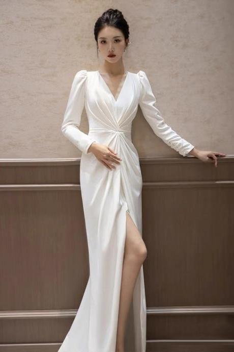 Long Sleeve Wedding Dress, V-neck Wedding Dress, Stylish Bridal Dress,handmade