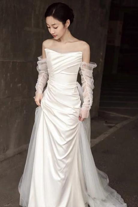 Off Shoulder Bridal Dress, Satin Wedding Dress ,boho Bridal Dress,handmade
