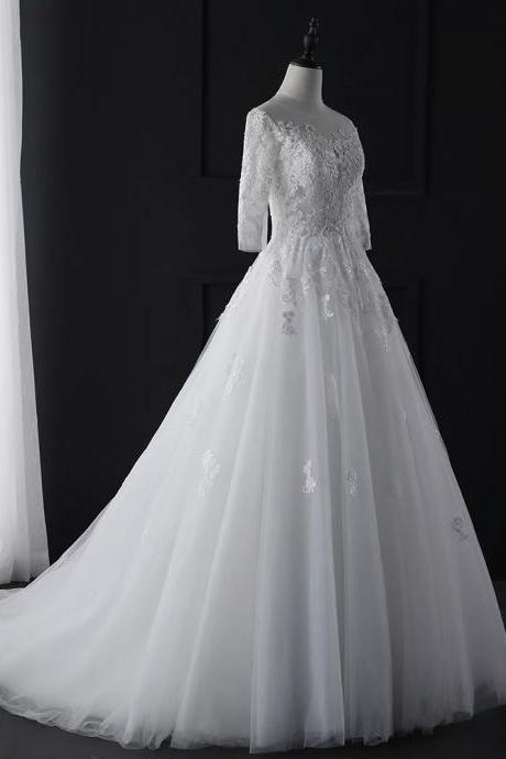 Light Wedding Dress, Simple Wedding Dress, Long Sleeve Bridal Dress,fairy Dream Tail Wedding Dress,handmade