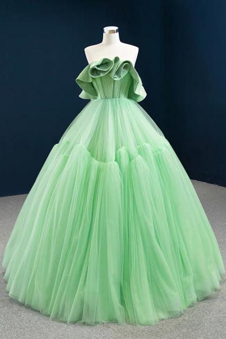 Unique, Green Evening Dress, Off Shoulder Wedding Dress , High Quality Tulle Prom Dress, Fresh Bridal Dress,handmade