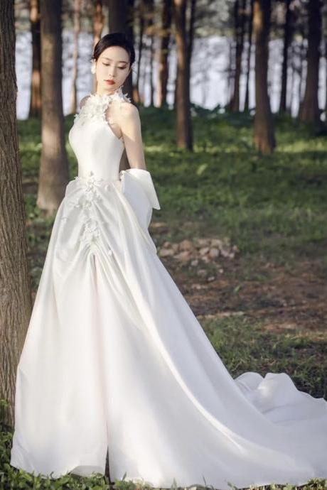 Halter Neck Wedding Dress,satin Bridal Dress,white Wedding Dress ,floral Bridal Dress,luxury Wedding Dress,handmade