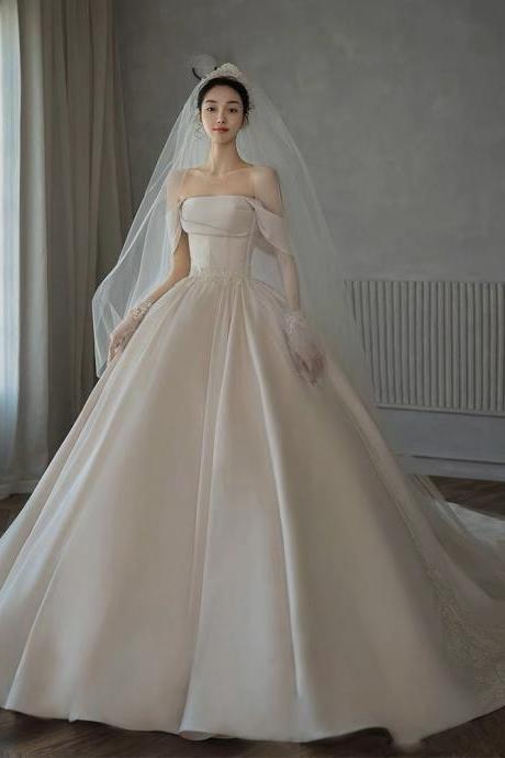 Luxury Wedding Dress, Saitn Bridal Dress, Off Shoulder Wedding Dress, Vintage Big Train Dress Senior Texture Simple Bridal Dress,handmade