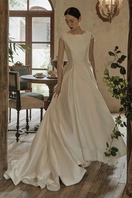 Cap Sleeve Wedding Dress,satin Bridal Dress,white Wedding Dress,chic Wedding Dress,handmade