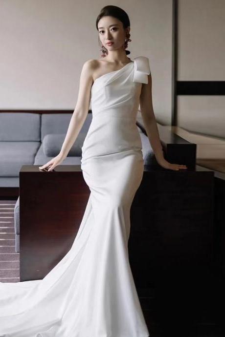 Satin Wedding Dress, One Shoulder Bridal Dress, Simple Wedding Dress, Sexy Wedding Dress,handmade