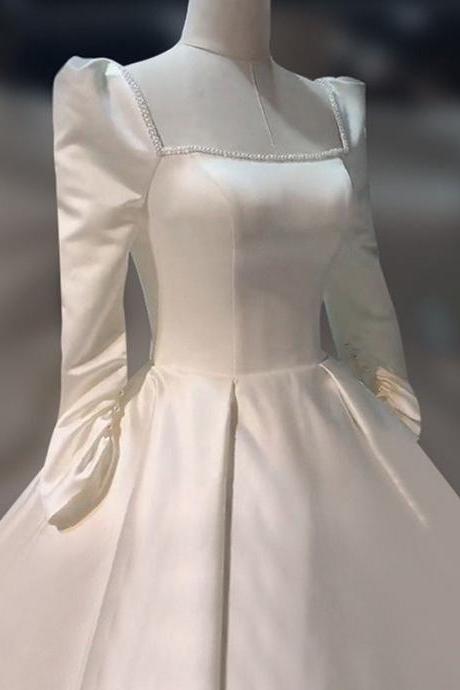 Satin Bridal Dress,long Sleeve Wedding Dress,noble Bridal Dress Puff Sleeve Wedding Dress,handmade