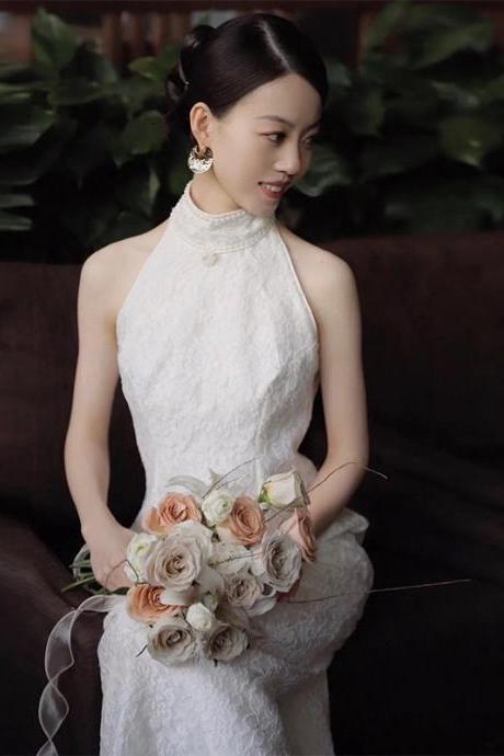 Stylish Evening Dress,white Wedding Dress,halter Neck Bridal Dress,lace Wedding Dress,handmade