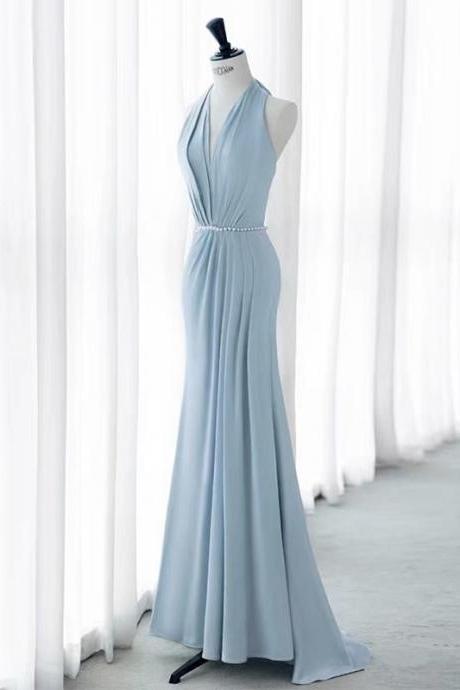 Halter Neck Prom Dress,chic Bridesmaid Dress,blue Evening Dress,handmade