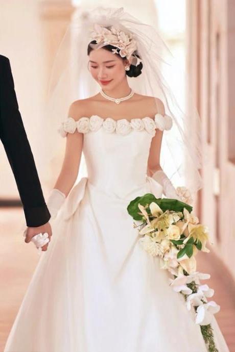 Off Shoulder Wedding Dress, White Wedding Dress, Chic Bridal Dress,saitn Wedding Dress,custom Made